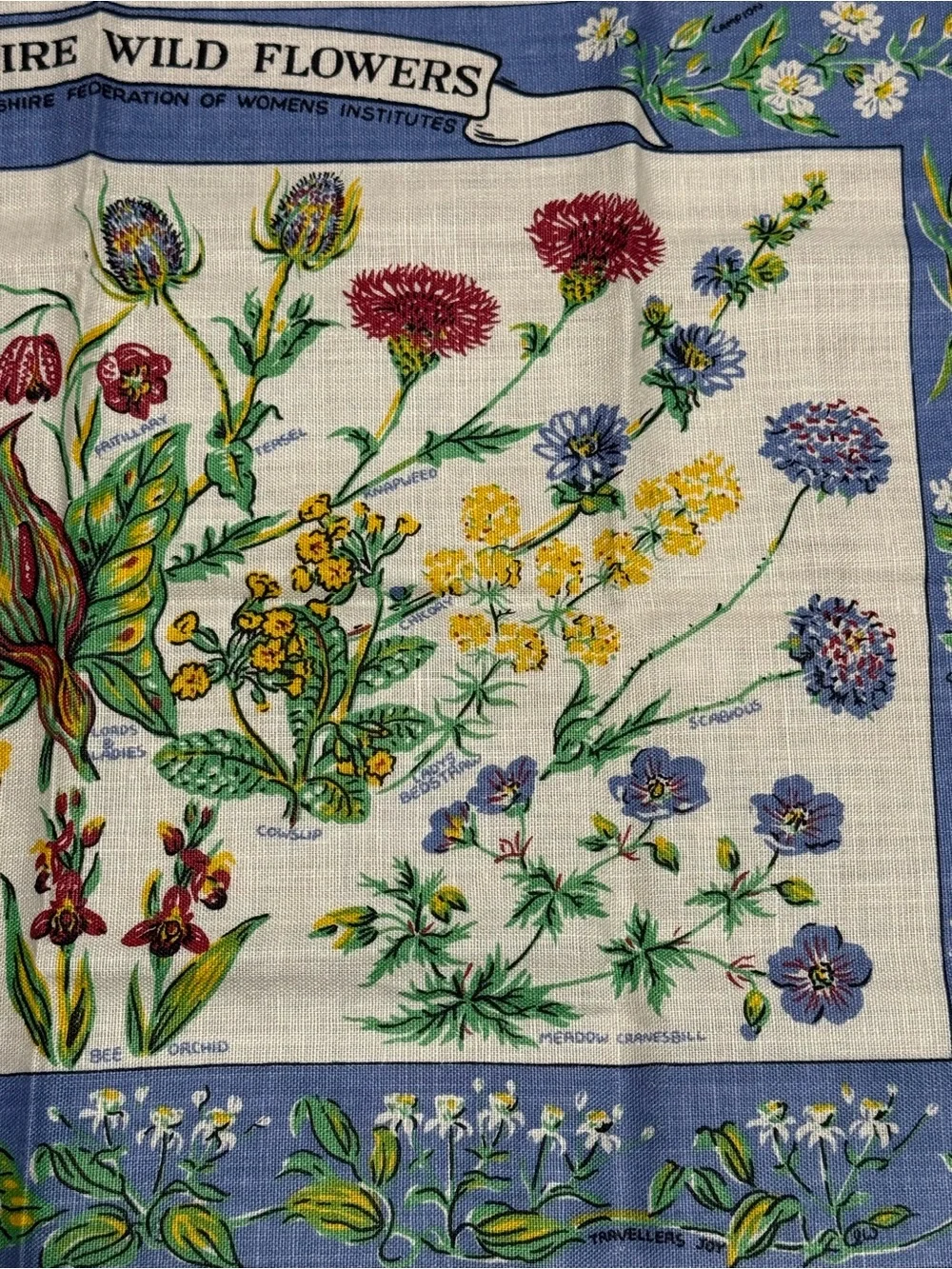 VTG 1972 D Vaughan Oxfordshire Wild Flowers Linen Tea Towel Womens Institute